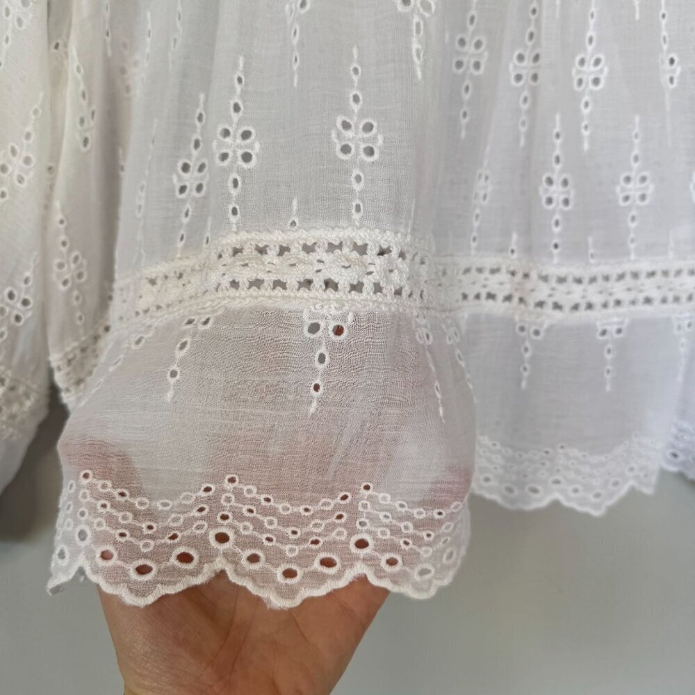 American Eagle White Embroidered Lace Ballon 3/4 Sleeve Peasant Babydoll Blouse - Picture 6 of 16